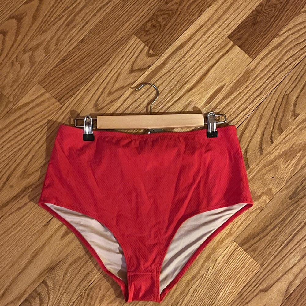 New J Crew Sz Large High-Waisted Red Textured Bikini Bottoms